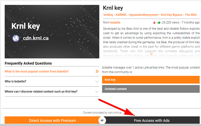 Accesso gratuito a Krnl con screenshot degli annunci