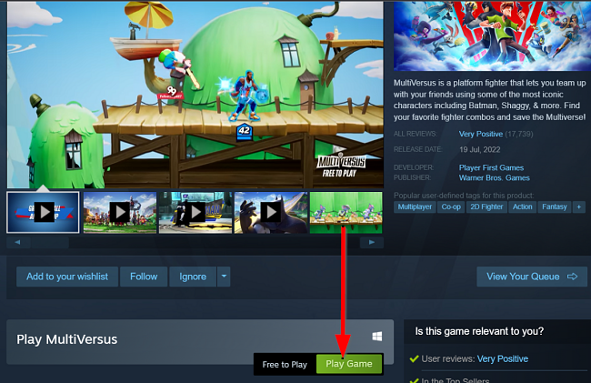 Captura de pantalla del botón de juego MultiVersus Steam