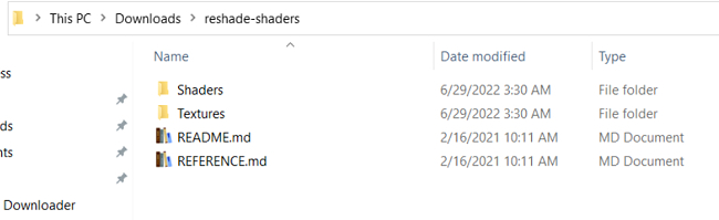 Capture d'écran du répertoire de fichiers ReShade