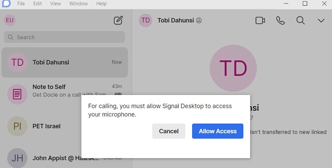 Captura de pantalla de permiso de señal de acceso