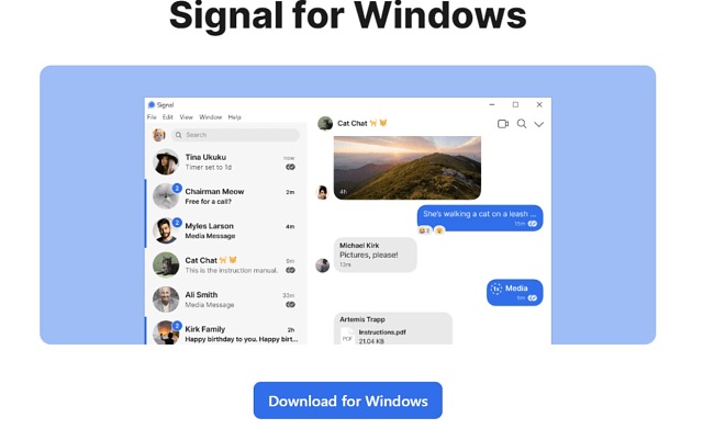 Снимок экрана пользовательского интерфейса Signal для Windows