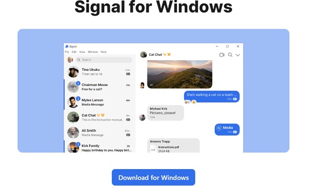 Captura de tela da interface do usuário do Signal for Windows