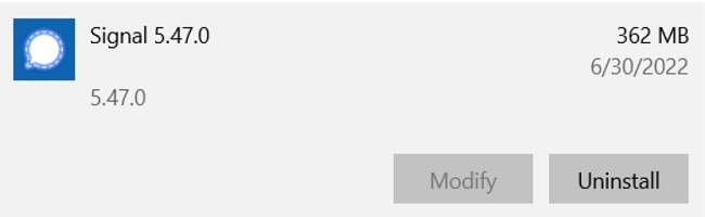 Captura de pantalla de desinstalación de Signal