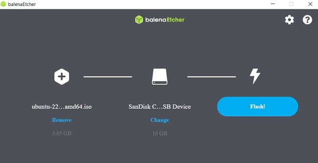 Captura de tela do Ubuntu balenaEtcher