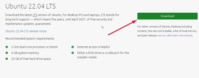 ภาพหน้าจอของหน้าดาวน์โหลด Ubuntu 22.04 LTS