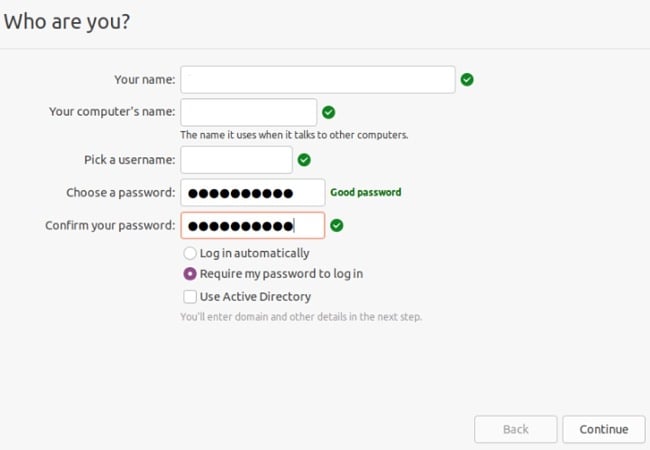 Captura de pantalla de registro de Ubuntu