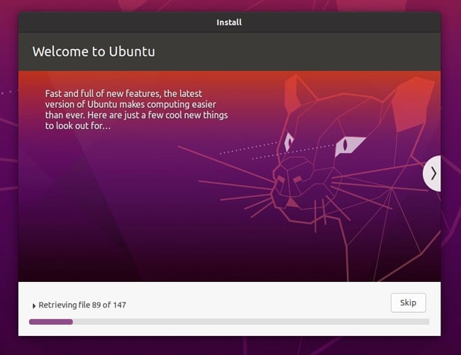 Captura de pantalla de la página de bienvenida de Ubuntu