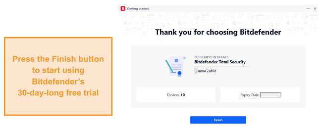 Screenshot of Bitdefender's button to finish up signing up for free trial