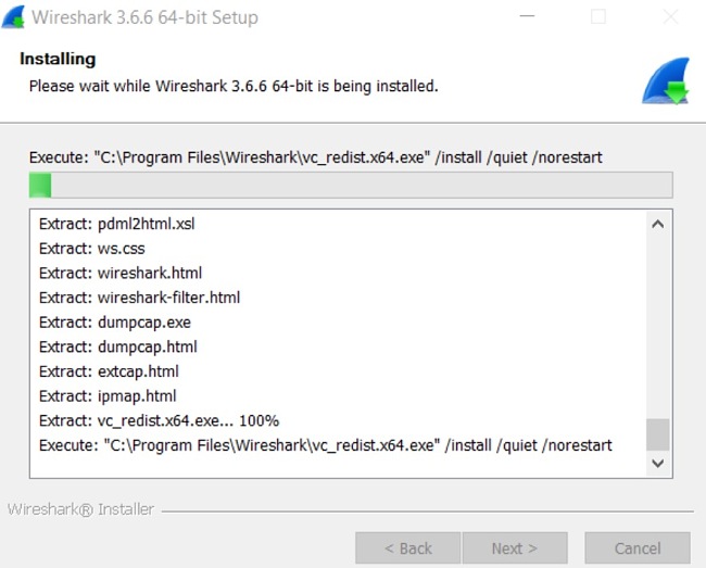 Zrzut ekranu postępu instalacji programu Wireshark