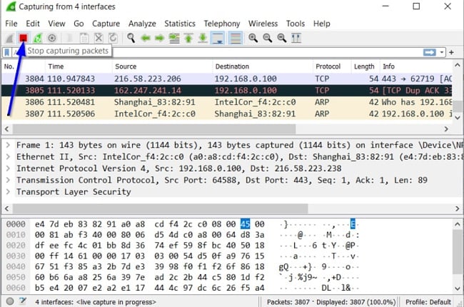 Zrzut ekranu zatrzymania przechwytywania pakietów w programie Wireshark