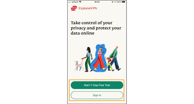 Screenshot of 7-Day Free Trial or sign up page on the ExpressVPN iOS app
