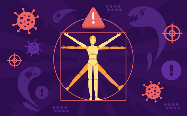 image of robotic Vitruvian man surrounded by danger symbols and viruses