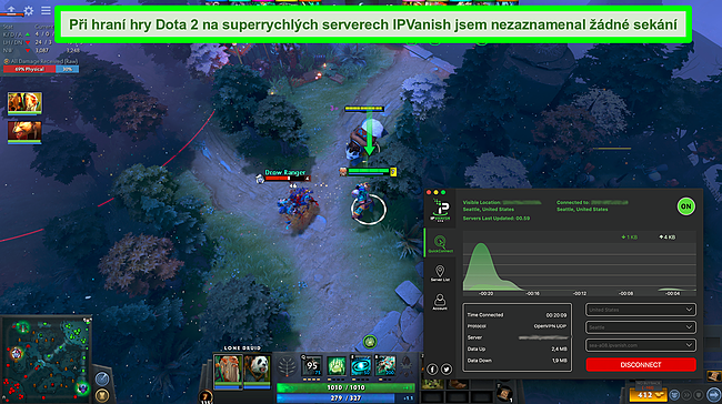 Snímek obrazovky hry Dota 2, když je připojen IPVanish.