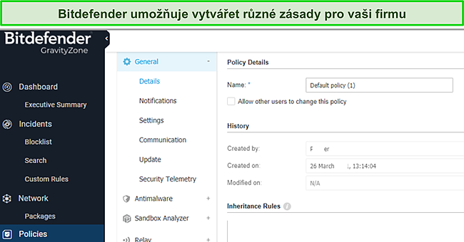 Snímek obrazovky rozhraní Bitdefender GravityZone.