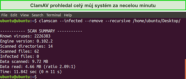 Snímek obrazovky rychlého CLI skeneru ClamAV.