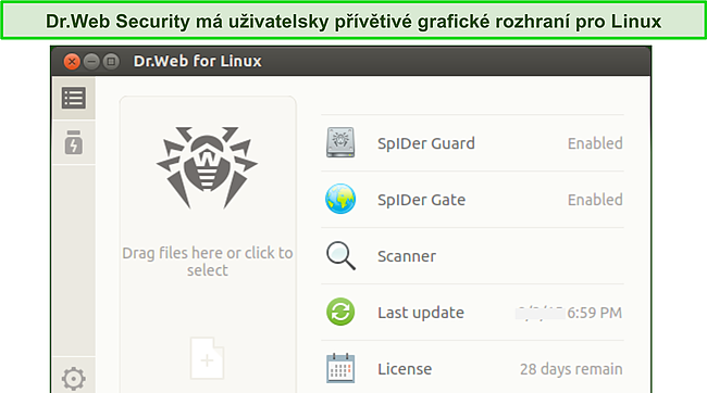 Snímek obrazovky rozhraní Dr.Web pro Linux.