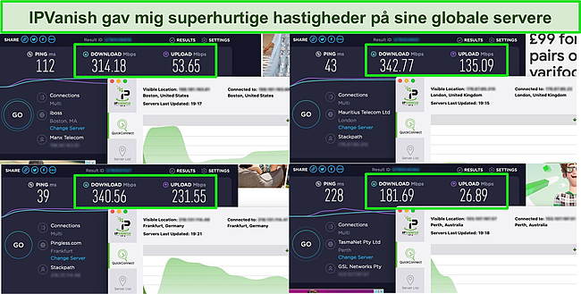 Skærmbillede af 4 hastighedstest, mens du er forbundet til forskellige IPVanish-servere.