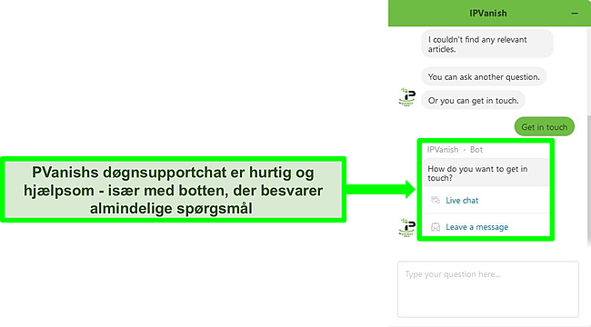 Skærmbillede af en chat med IPVanishs 24/7 support bot.