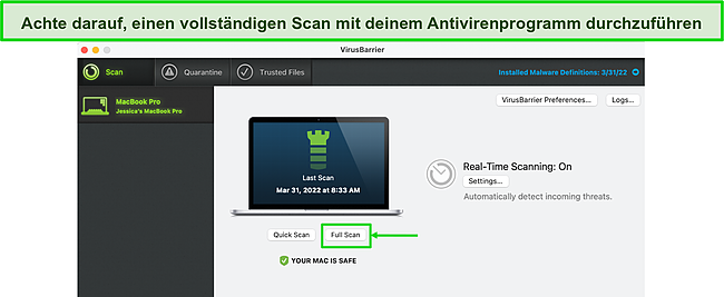 Screenshot des Dashboards von Intego mit Optionen zum Virenscannen.