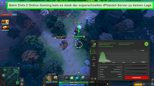 Screenshot eines Spiels von Dota 2, während IPVanish verbunden ist.