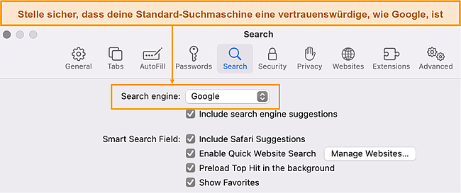 Screenshot der Standard-Suchmaschineneinstellung von Mac Safari.