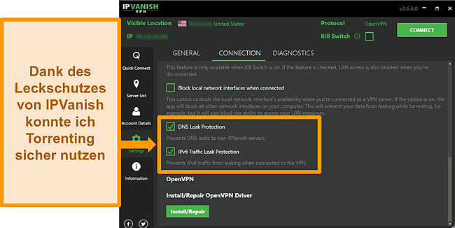 Screenshot der Verbindungseinstellungen von IPVanish mit Optionen zum Schutz vor DNS- und IPv6-Lecks.