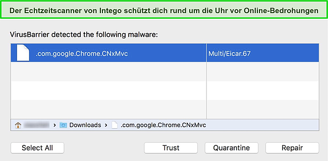 Screenshot des Echtzeit-Scanners von Intego, der einen schädlichen Download blockiert.