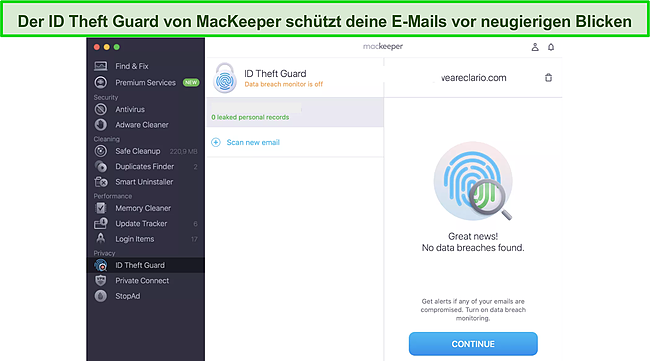 Screenshot des Dashboards des Datenüberwachungstools ID Theft Guard von MacKeeper.
