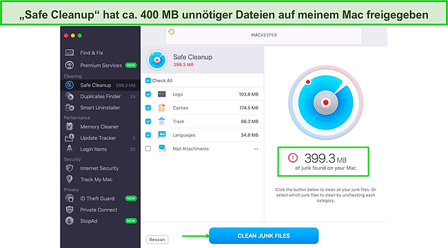 Screenshot des Safe Cleanup-Dashboards von MacKeeper.