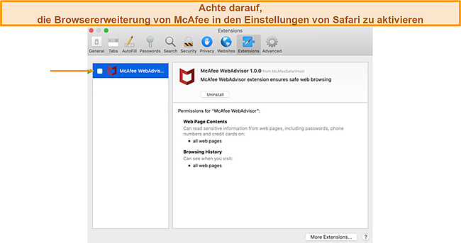 Screenshot der WebAdvisor-Erweiterung von McAfee in der Safari .