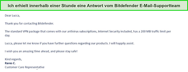 Screenshot der E-Mail des Support-Teams von Bitdefender.