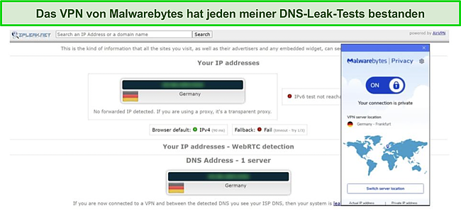 Screenshot des DNS-Leak-Tests von Malwarebytes.