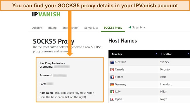 Screenshot of IPVanish's website showing where to find the SOCKS5 proxy account details.