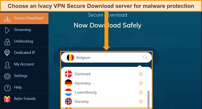 Screenshot of Ivacy VPN Windows app highlighting the server choices for the Secure Download feature.