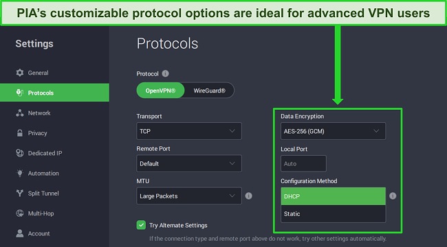 Screenshot of PIA's Windows app with Protocols menu highlighted, showing the customization options for data encryption and configuration method.