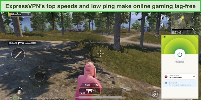Screenshot of ExpressVPN connected to a UK server while playing PUBG.