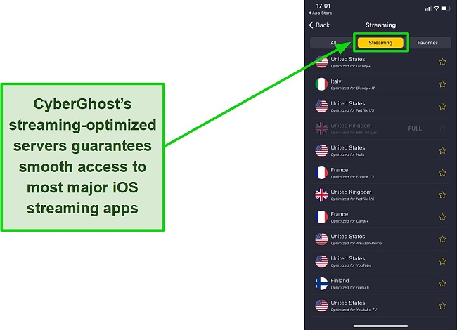 A screenshot of CyberGhost's streaming-optimized servers