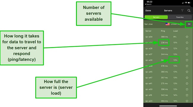 Screenshot of IPVanish's informative server list interface