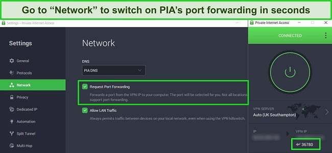 Screenshot of PIA's Windows app showing how to switch on port forwarding in the Network settings menu.