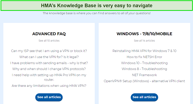 Screenshot of HMA's Knowledge Base page highlighting available FAQ categories
