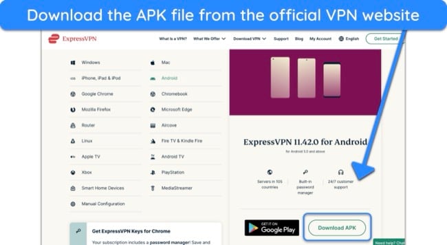 Screenshot of ExpressVPN's APK for download on its website