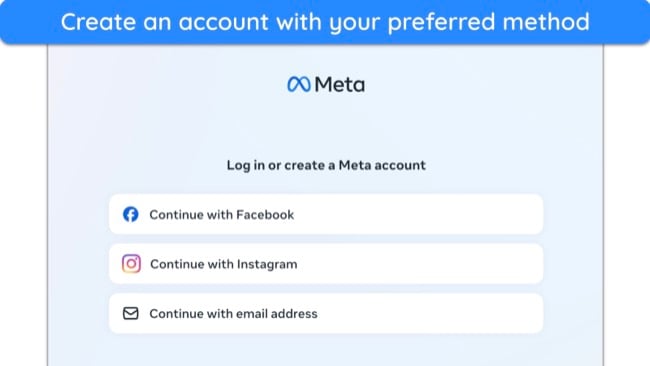 Screenshot of Meta sign up page