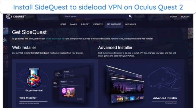 Screenshot of SideQuest homepage