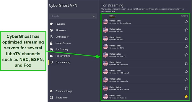 A screenshot of CyberGhost's optimized servers list