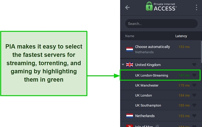 Screenshot of Private Internet Access VPN's interface showing the lowest latency servers