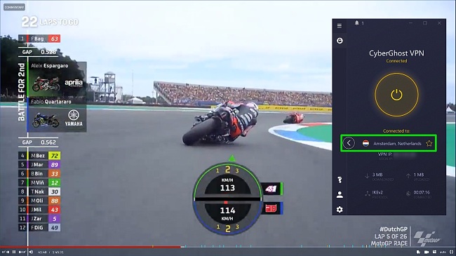 Screenshot of MotoGP streaming on MotoGP VideoPass while connected to CyberGhost