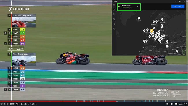 Capture d'écran du streaming MotoGP sur MotoGP VideoPass en étant connecté à IPVanish