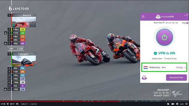 Capture d'écran du streaming MotoGP sur MotoGP VideoPass en étant connecté au serveur Amsterdam de PrivateVPN