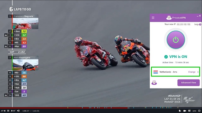 Képernyőkép a MotoGP streameléséről a MotoGP VideoPass-on, miközben csatlakozik a PrivateVPN Amsterdam szerveréhez