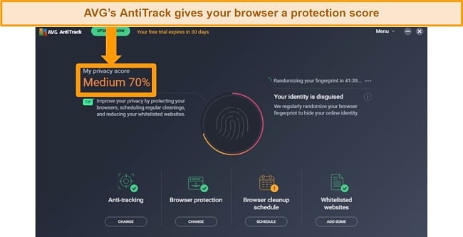 Screenshot of AVG AntiTrack giving a browser protection score